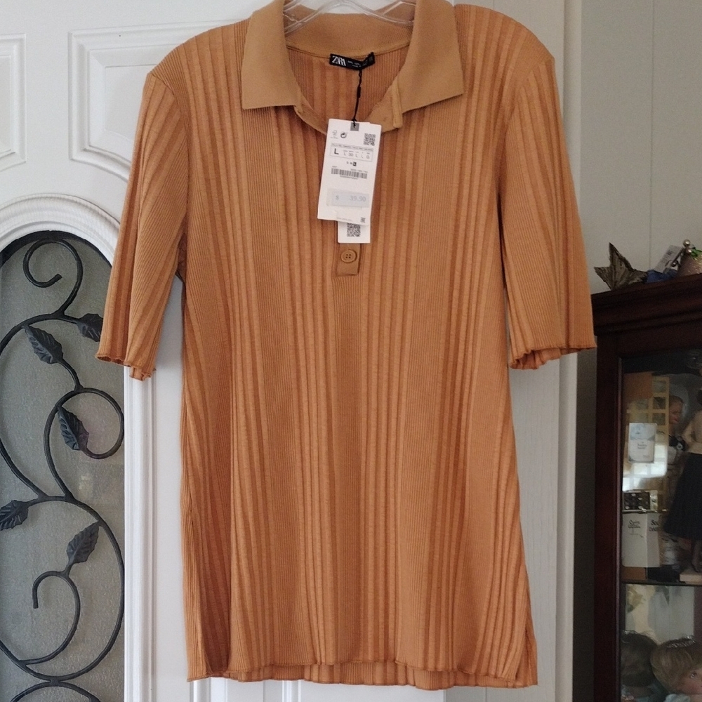 Zara Ribbed Tan Polo Shirt